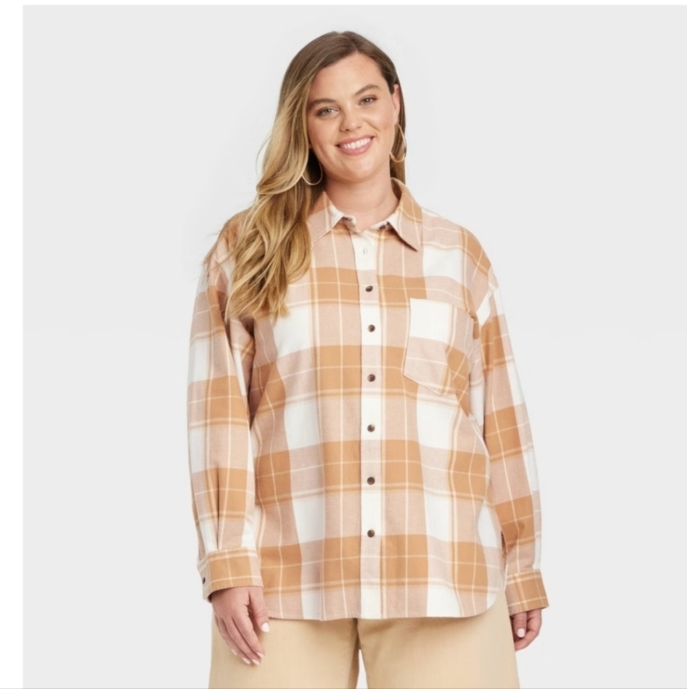 Women's Oversized Flannel Long Sleeve Collared Button-Down Shirt - XXL